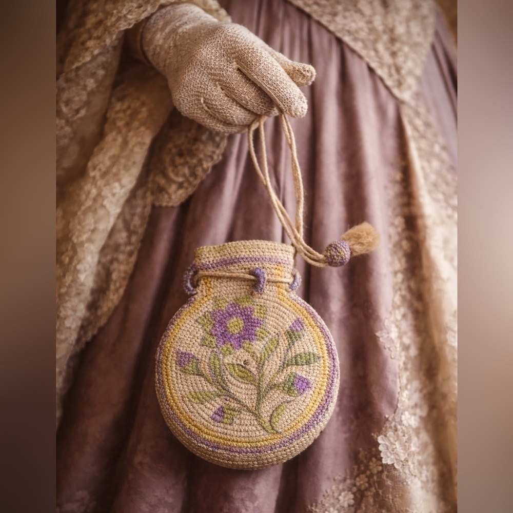 Antique 1800's Victorian Floral Purse / Vintage Woven Straw Reticule